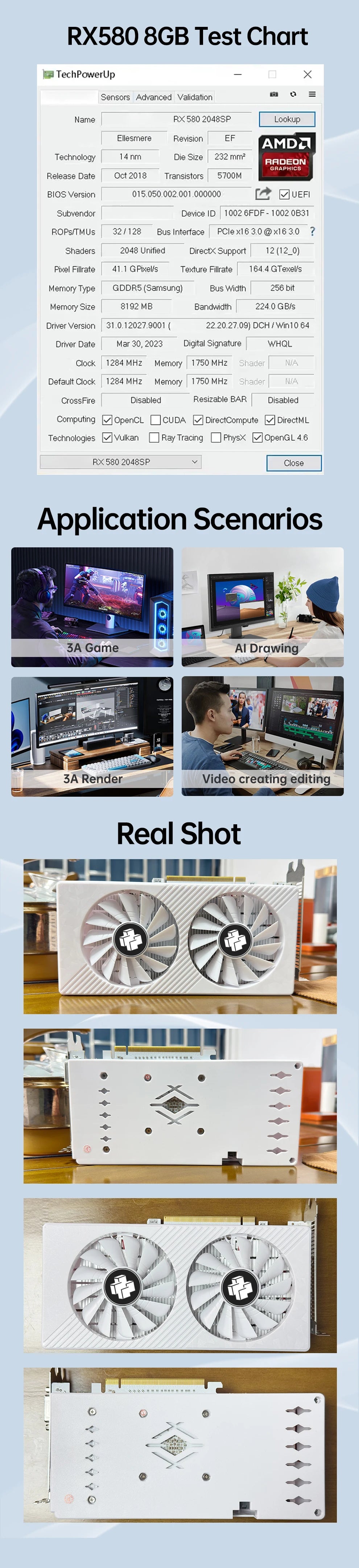 MOUGOL AMD Radeon RX580 8GB Graphics Card GDDR5 Memory 2048SP 256Bit PCI-E3.0x16 GPU DP DVI for Computer Gaming Video Card.