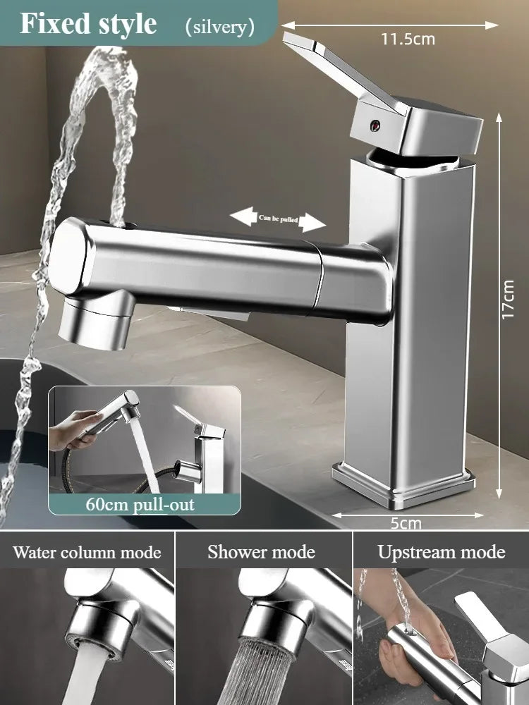 Pull Out Bathroom Faucet Hot and Cold Water Mixer Basin Sink Three Mode Water Outlet Faucet Washbasin Tap