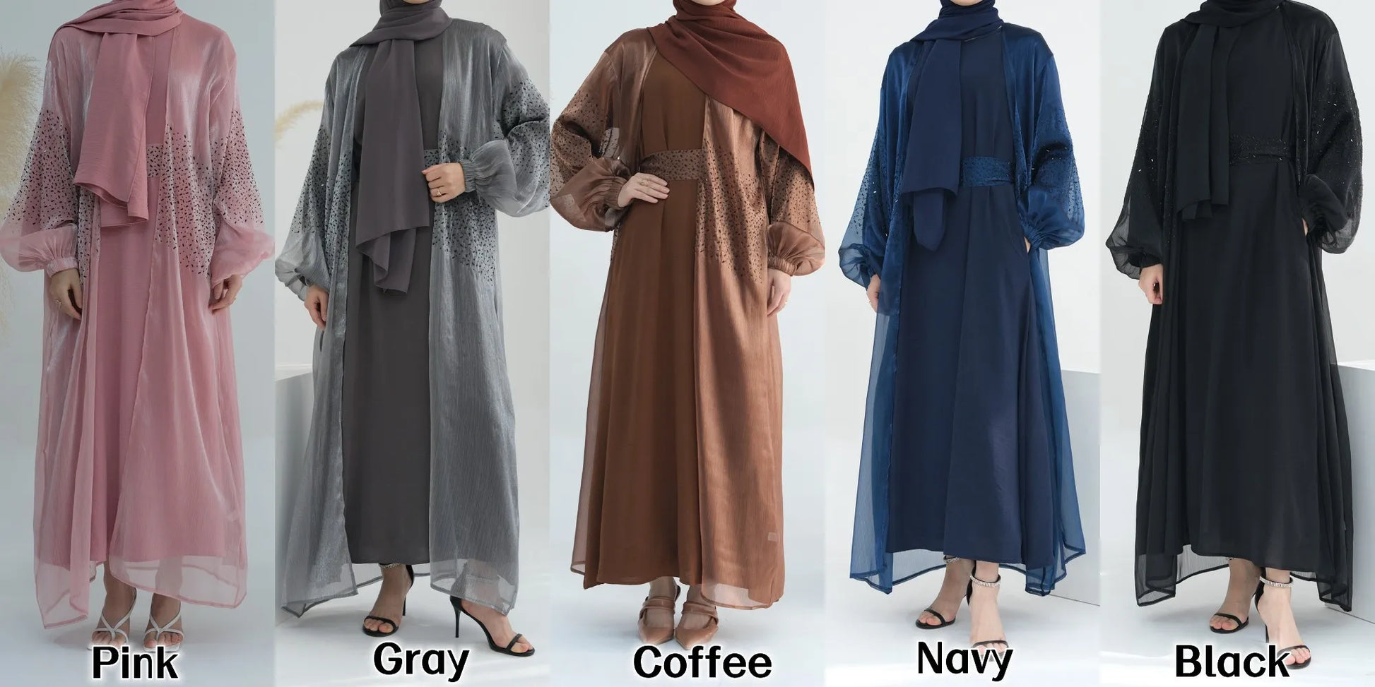 Oem New Design Shinning Polyester Open Abaya and Inner Dress 2 Piece Abaya Set Islamic Clothing Women Muslim Dress.
