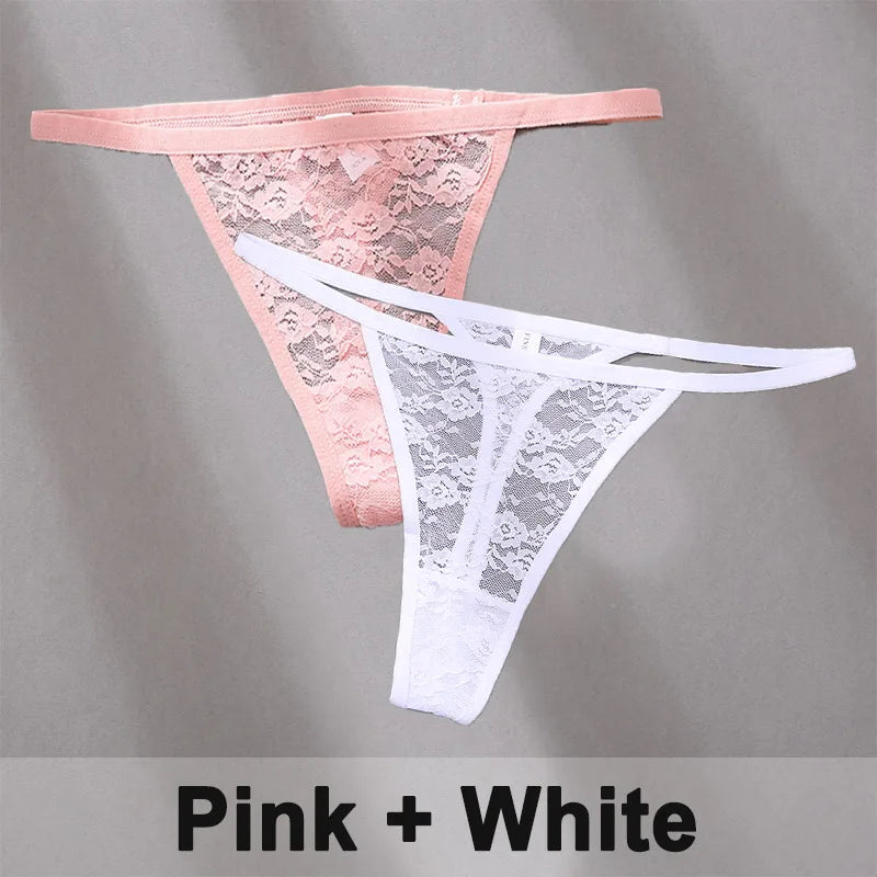 2PCS Sexy Lace Cotton Panties for Women G-String Underwear Perspective Thongs Solid Color Underpants Female Intimates Lingerie.