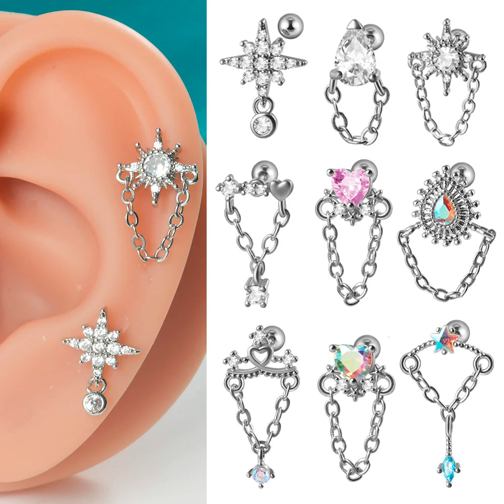 1PC 316L Surgical Steel Star Water Drop Heart CZ Chain Ear Cartilage Tragus Helix Stud Earring Daith Lobe Piercing Body Jewelry.