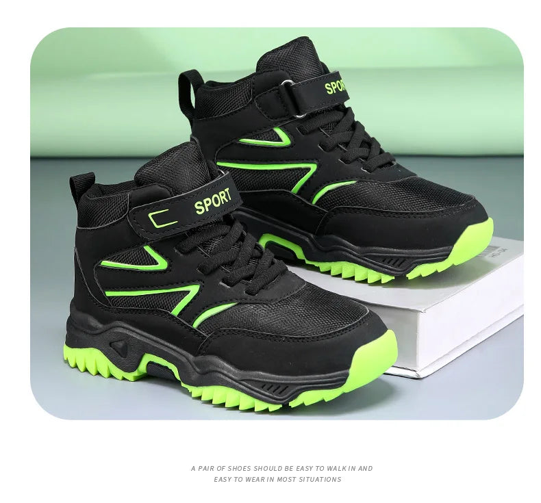 New Boys' Sports Shoes Non-slip School Children's Leather Breathable Running Black Fashion Hiking Shoes Sneaker Size 29-40.