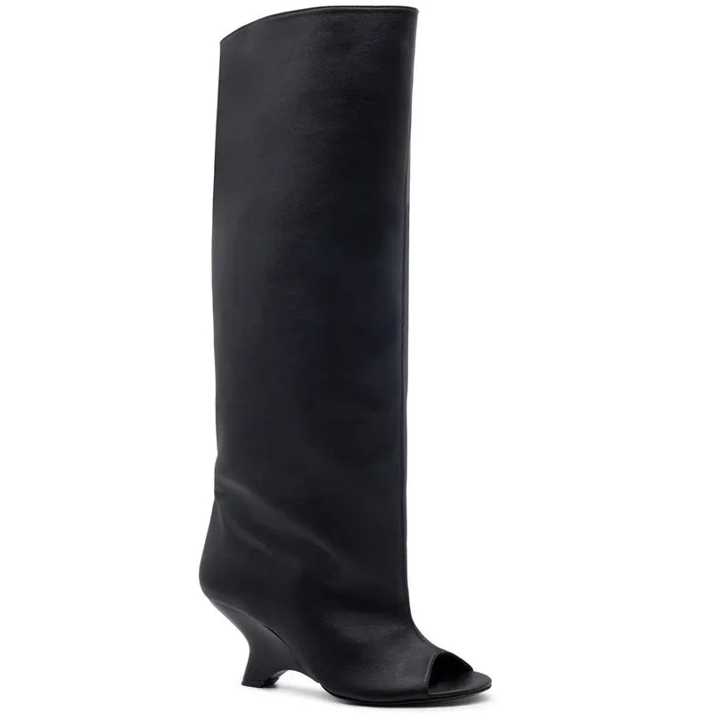 2025 New Peep Toe Long Boots Summer Thick High Heels Women's Knee Boots Large Size Shoes Ladies Slip-on Strange Heels Cool Boots.