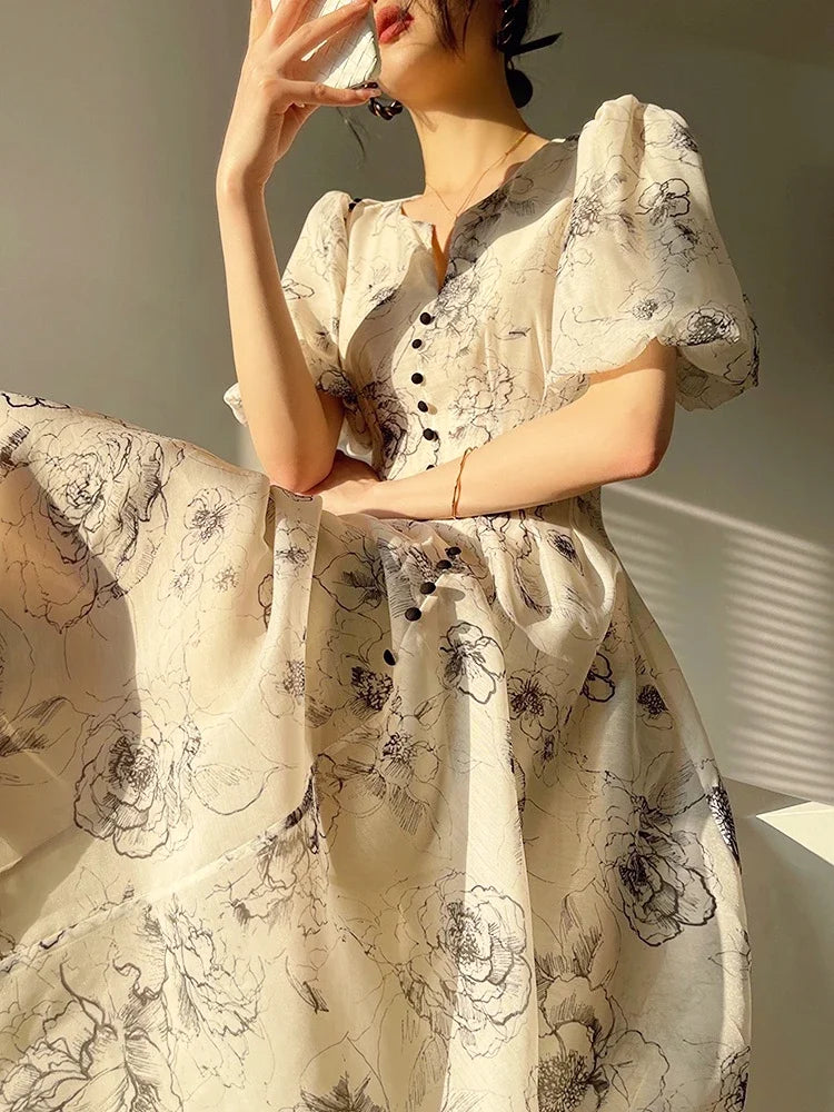 Büro Dame elegante Blumen Midi Kleid formelle einteilige Kleid koreanische Party Strand Langarm Freizeit kleid Frau 2024 Sommer Chic.