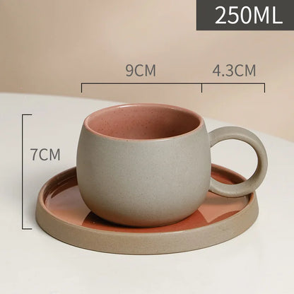 Retro Coarse Pottery Mug and Saucer Combination Japanese Coffee Cup Set Nordic Afternoon Tea Breakfast Cup Latte Coffee Mug.