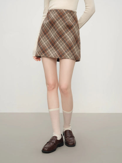 FSLE Autumn Party Skirt High Waist Retro Plaid Knit WoolShort Skirt For Women 2025 Fall Winter New Arrival Y2K Mini A-line Skirt.