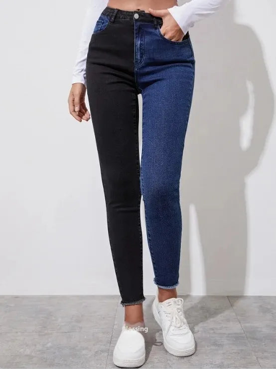 High Waist Casual Slimming Stretchy Jeans Women's Fashionable Versatile Pants High Waist Decorative No Elastic Band.