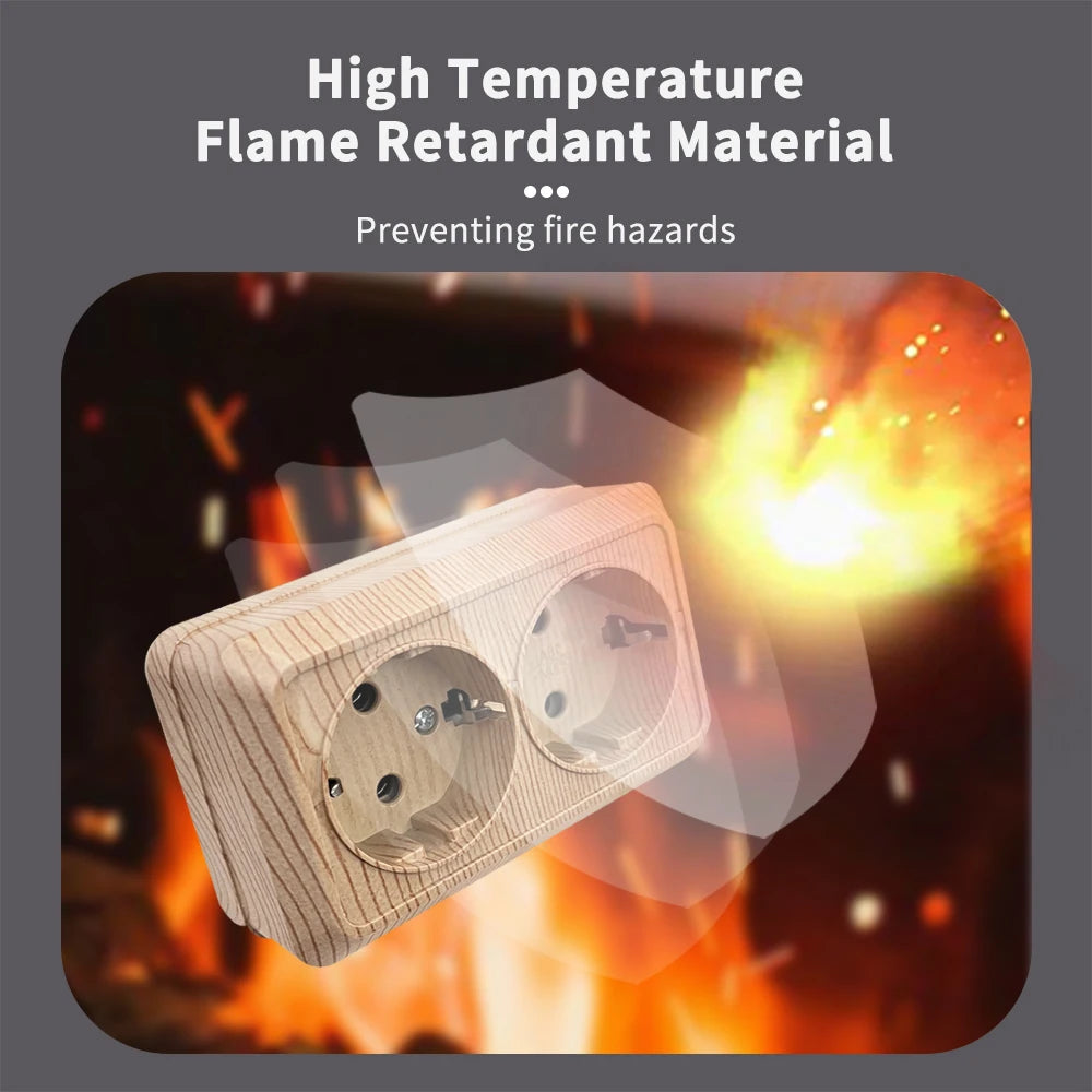 Holzfarbe, Wandoberfläche, 2-Steckdosen, Stecker, EU-Außensteckdosen mit Erdung, Steckdose für den Außenbereich, flammhemmender Kunststoff.