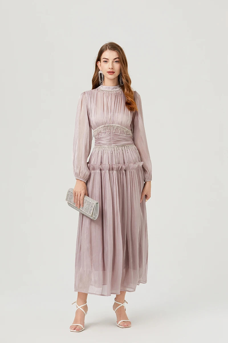 Französisch Luxus Kristall Perlen Quaste Glanz Roben Urlaub Frauen stehen Laterne Ärmel Rüschen plissiert formale Gelegenheit Ballkleid 622.