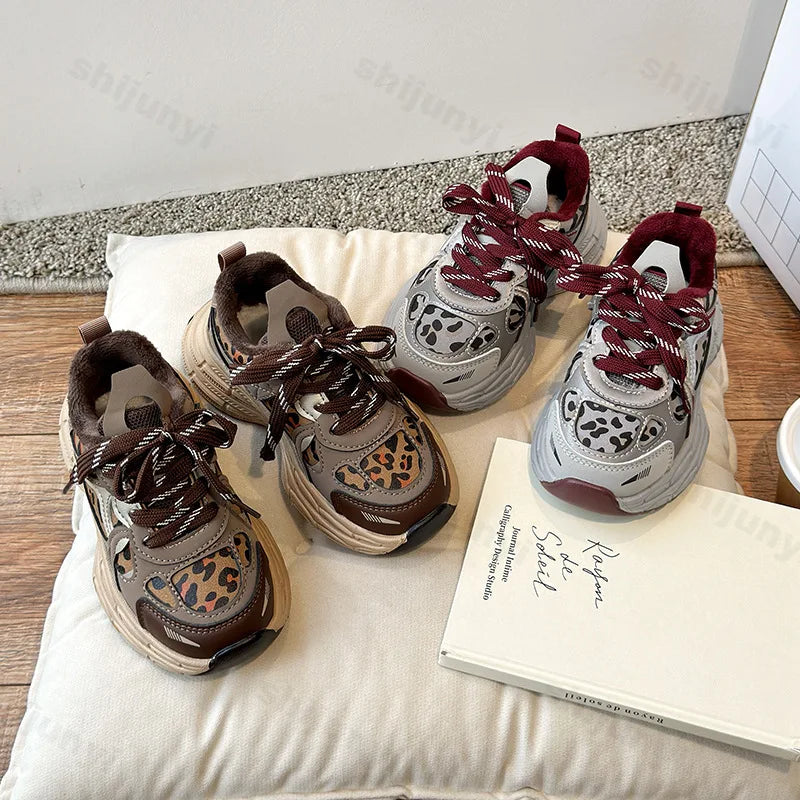 Children's Sneakers Autumn Winter Boys Sport Shoes Girls Plush Warm Casual Cotton Shoes Studnet Leopard Print Anti Slip Sneakers.