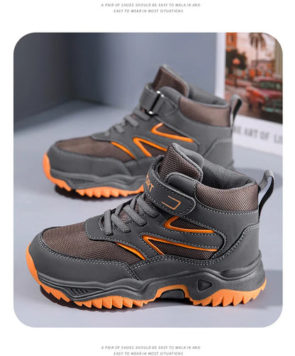 New Boys' Sports Shoes Non-slip School Children's Leather Breathable Running Black Fashion Hiking Shoes Sneaker Size 29-40.