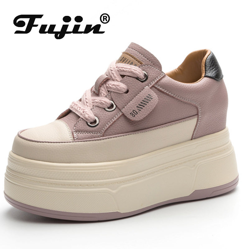 Fujin 9cm Cow Suede Genuine Leather Women Vulcanized Shoes Platform Wedge Skate Boarding High Brand Heels Casual Summer Shoes.