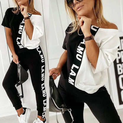 2023 Women's Spring Summer Sportswear Two-piece Set With Patchwork Letters Short Sleeved Long Pants Casual Women's Two-piece Set.