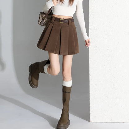 Preppy Style Coffee Woolen Skirt for Women Autumn Winter 2025 Chic High-waisted Mini Skirt Female Korean Thick Outwear Faldas.