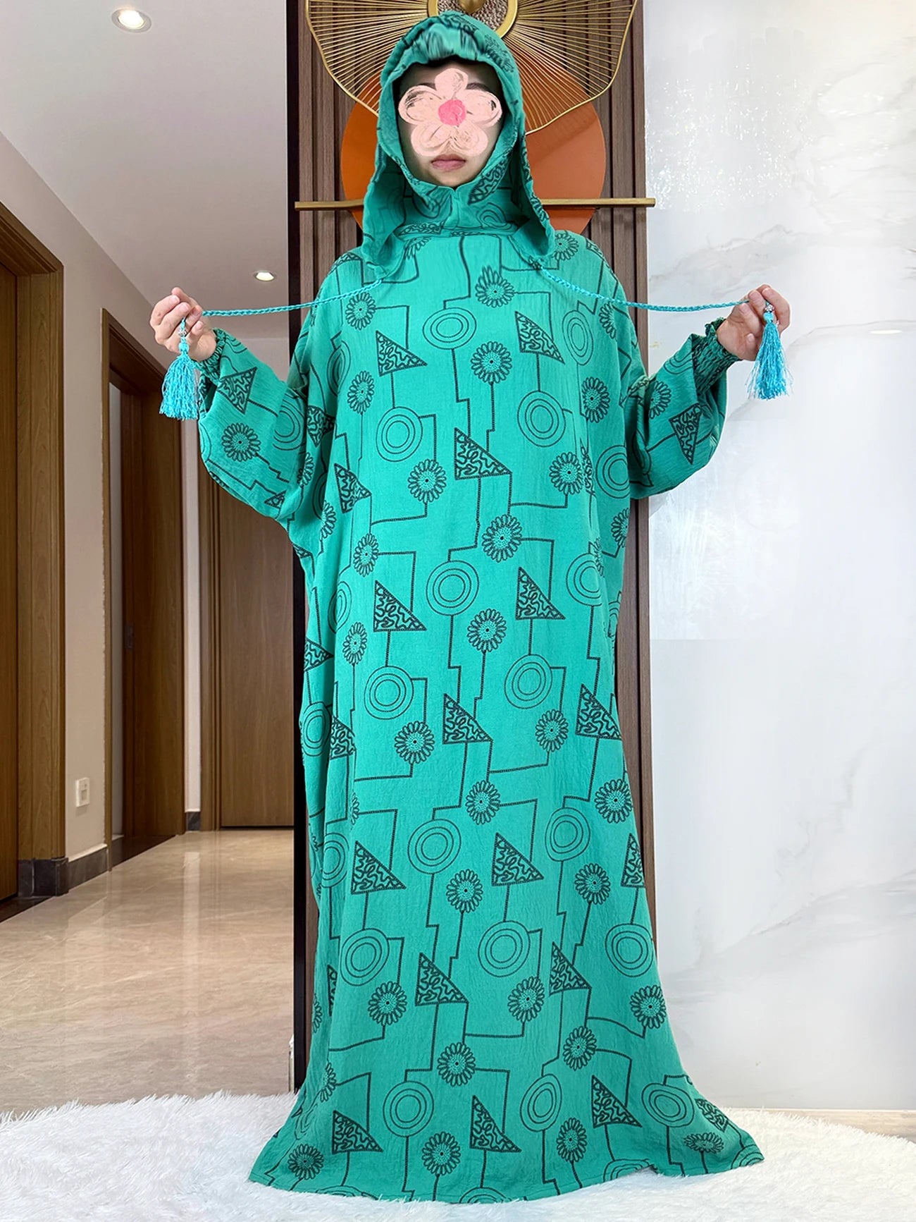 Promotion New Double Hat Women Abaya With Hooded Irregular Pattern Long Abaya Tassel Muslim Saudi Prayer Kaftan Oriental Robes.