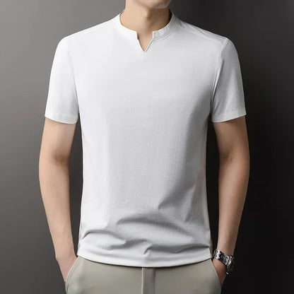 Korean Men's Casual and Fashionable Small V-neck Solid Color Short Sleeved T-shirt Comfortable Summer Versatile Top