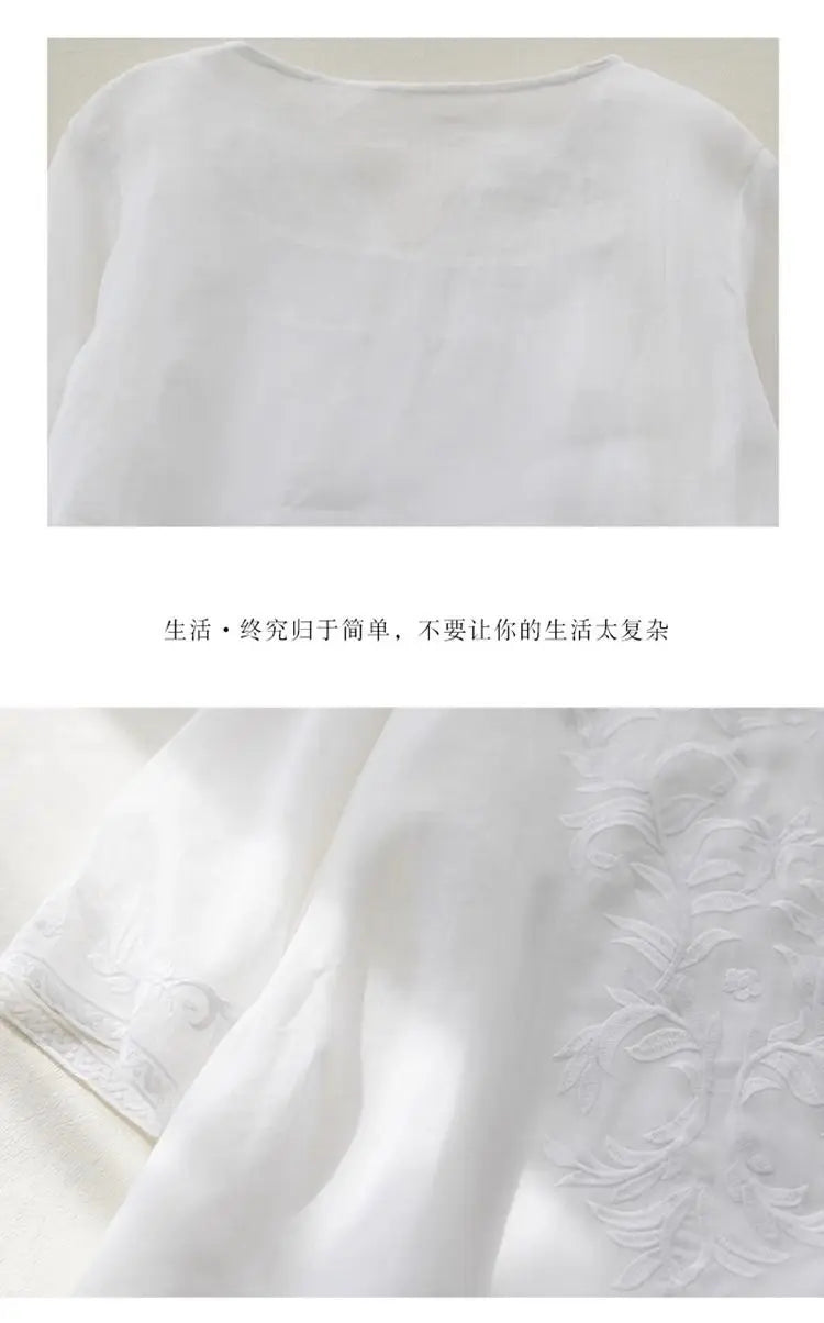 Ethnisches Vintage-Kurzarmkleid aus schwerer Stickerei aus Baumwolle und Leinen für Damen, lockeres langes Sommerkleid mit V-Ausschnitt und elegantem Stil.