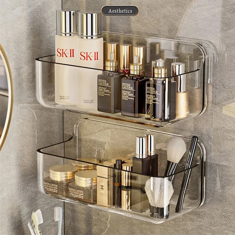 An der Wand montierte Dusch-Shampoo-Racks, Regale, Organizer, nicht bohrend, abnehmbares, transparentes PET-Material, Badezimmer-Aufbewahrungsregal