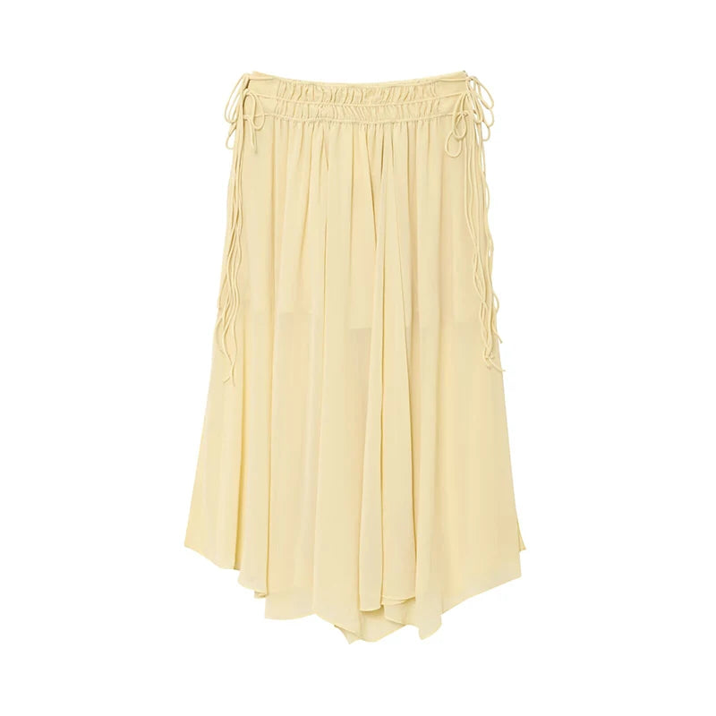 YENKYE New Fashion Side Drawstring High Waist Elegant Yellow Skirt Women Holiday Summer Loose Chiffon Midi Skirts faldas mujer.