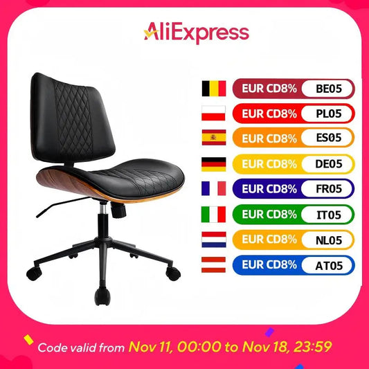 Durrafy Bürostuhl ohne Armlehnen, moderner Walnussstuhl, Schreibtischstuhl mit Leder, höhenverstellbar, kleiner Stuhl, PU-Leder, Uphol