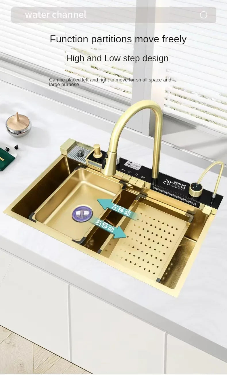 Gold Kitchen Sink Stainless Steel Sink Digital Vegetable Washing Basin, Atmosphere Light, Kitchen Large Single Sink 75cmX46cm