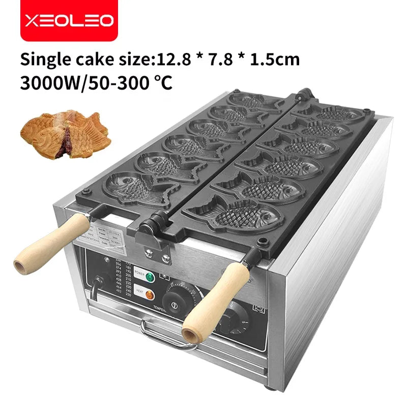 XEOLEO Taiyaki Maker Fish Waffle Machine Fish Cake Baking Machine 6 Pcs Fish Ice Cream Waffle Maker 3000W Non-stick Pan.
