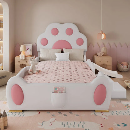 Cartoon süßes rosa Prinzessinnenbett, gepolstertes Bett, 90 x 200 cm, mit Kinderrutsche und zweistufiger Leiter, für Mädchenschlafzimmer