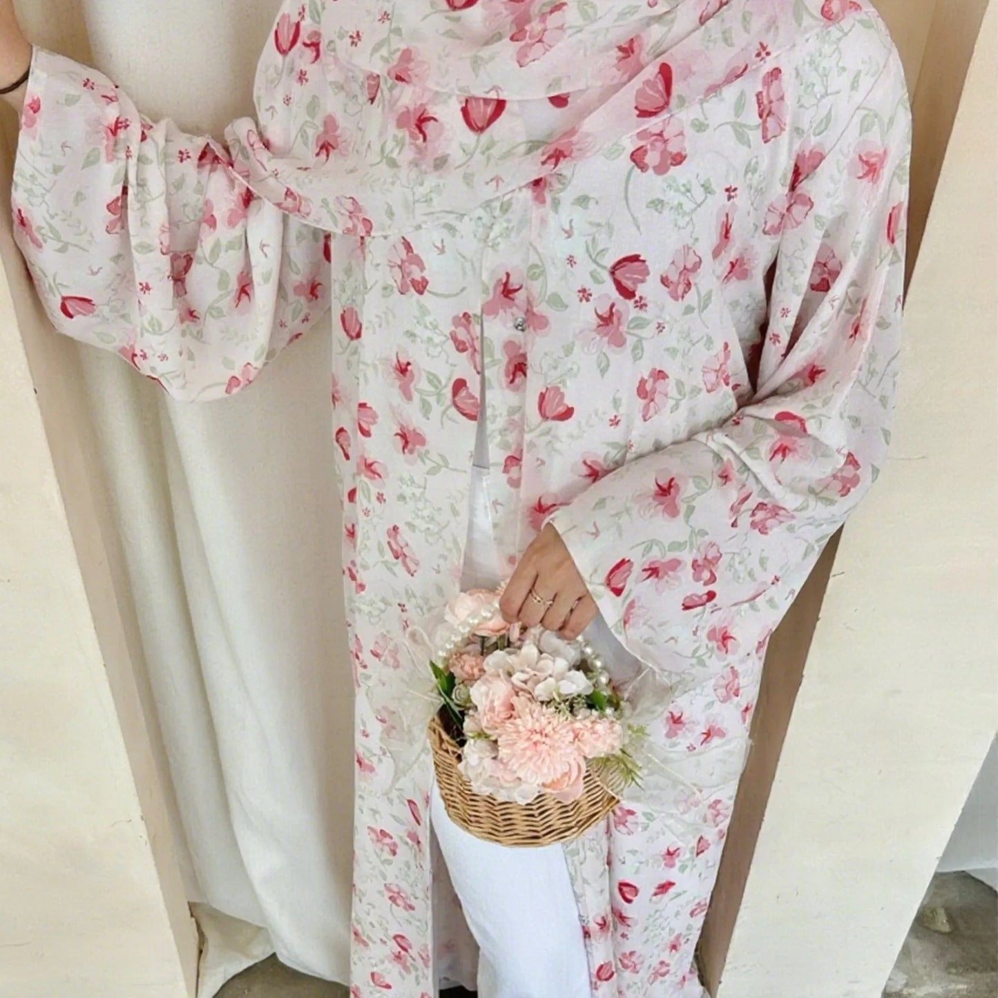 Muslim Abaya Set Luxury EID Islamic Kimono Muslim Women Dress Floral Printed Chiffon Modest Gorgeous Dubai Abaya Dress Suit.