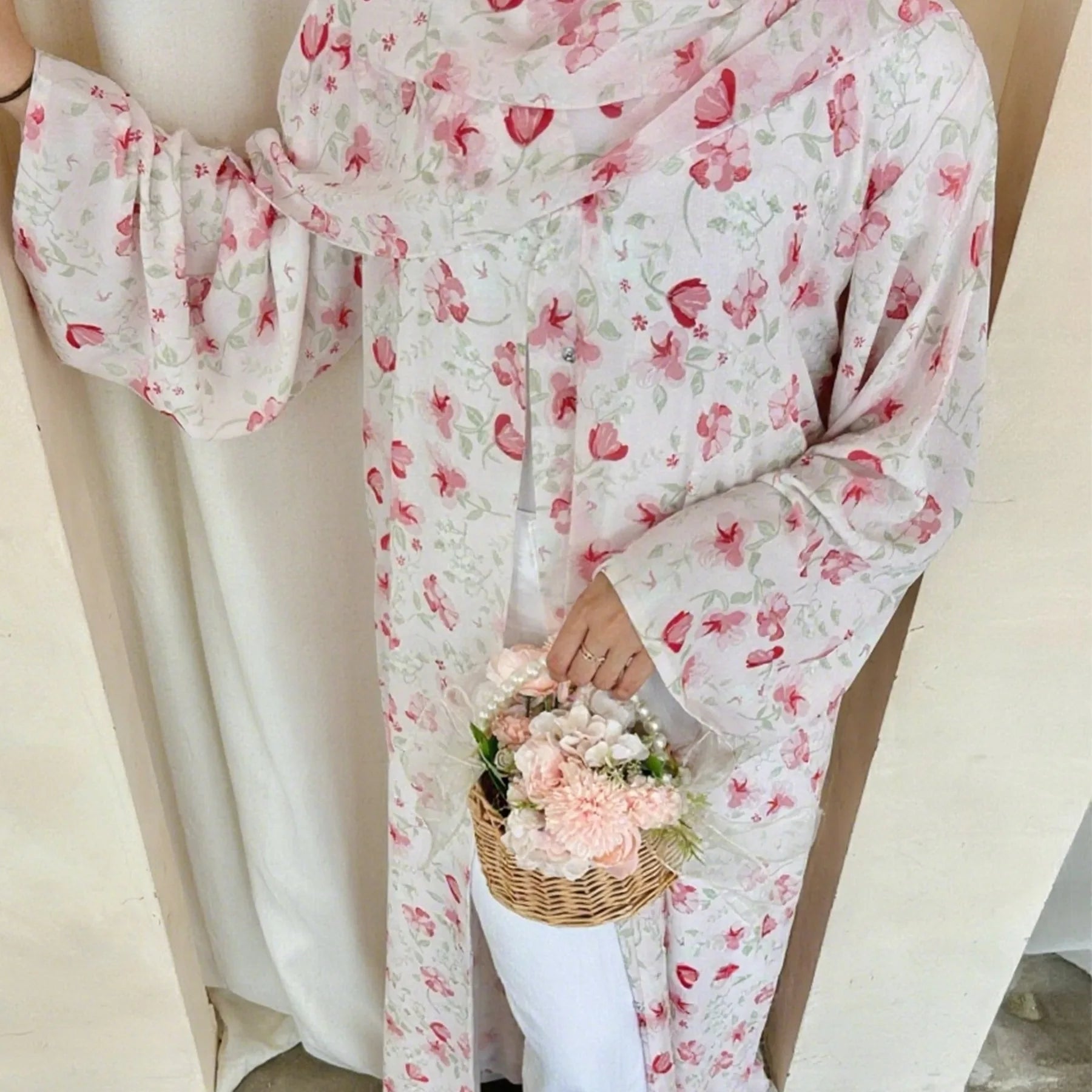 Muslim Abaya Set Luxury EID Islamic Kimono Muslim Women Dress Floral Printed Chiffon Modest Gorgeous Dubai Abaya Dress Suit.