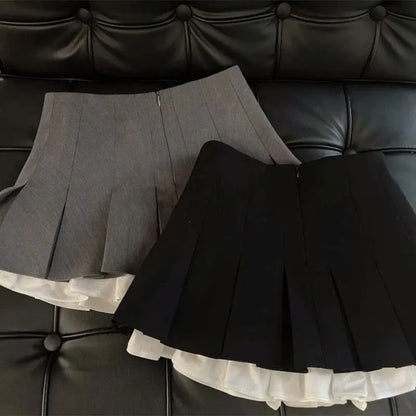 Mooyufon Ruffles Black Mini Skirt Women Korean Patchwork Pleated Skirts Japanese Kawaii High Waist All Match A Line Skirt New.