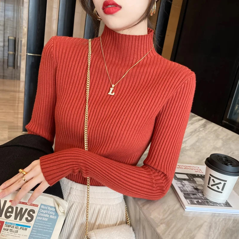 Winter Langarm Mock Neck Gestrickte Frauen Pullover Pullover Schlank Stricken Pullover Frauen Tops Blusas Mujer De Moda 2024 Blusa J995