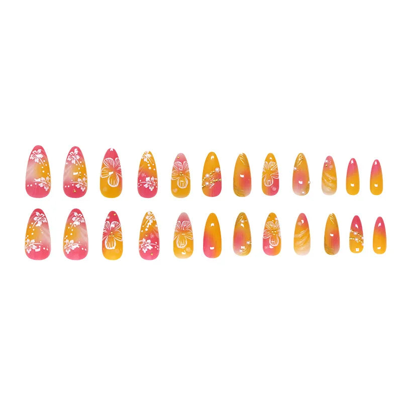 24pcs White Flower Fake Nail Tips Ins Yellow Pink Blush False Nails Wearable Full Cover European Almond Shaped Press on Nails.