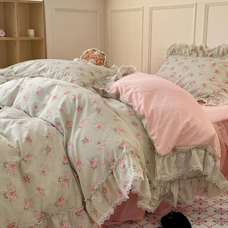 Korean Princess Style Ruffles Flower Print Bedding Set Duvet Cover Set Bed Skirt Bedspread Pillowcases 100% Cotton Home Textile.
