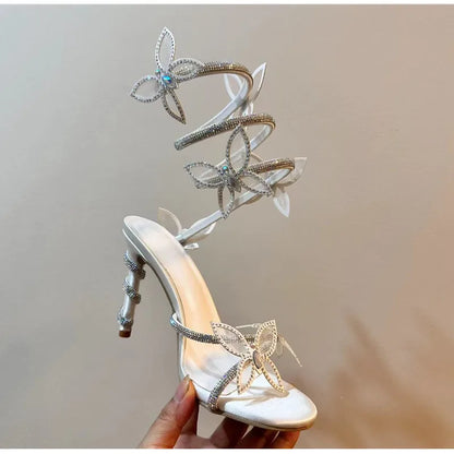 Luxury Crystal Embellished Butterfly Detail Women Sandals Sexy Coiled Strap Thin High heels Gladiator sandals Summer Party Shoes.