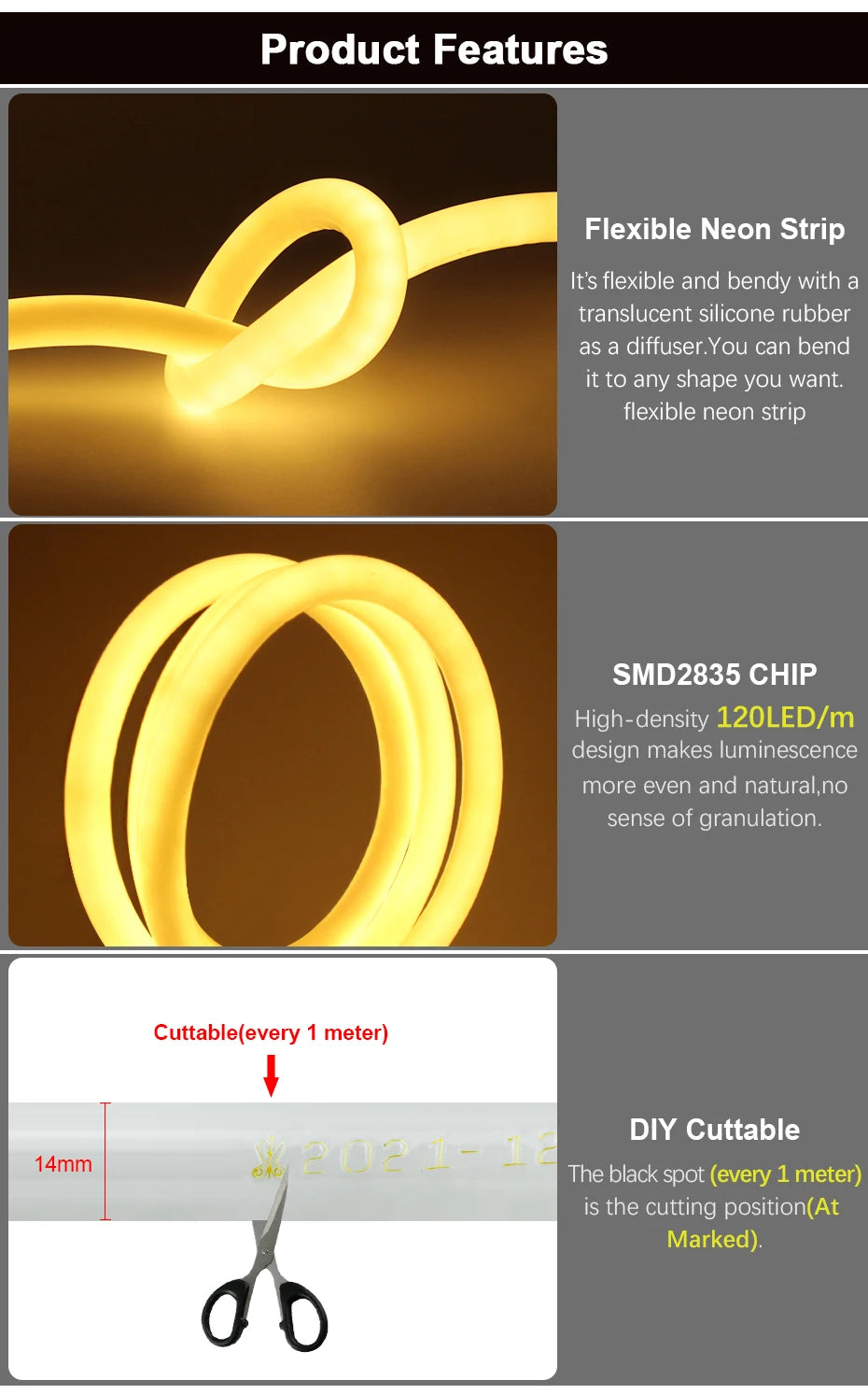 360 Round LED Neon Tube 220V Led Strip Light 120leds/m 2835 Flexible Tape Led Lights IP67 Waterproof for Indoor Outdoor Decor.