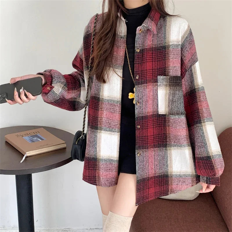 Zjaiss Women Thick Woolen Plaid Blouse Loose Long Sleeved Tops 2025 Autumn Winter New Casual Shirt Long Shirts.