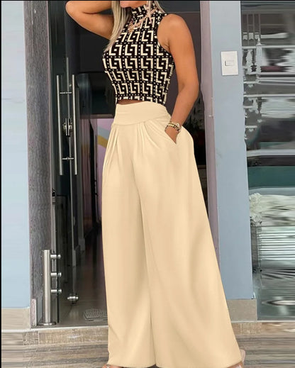Summer Print Two Piece Set Women Fashion Casual Solid Sleeveless Tank Top Wide Leg Pants Two Piece Set Female Elegant Suit.