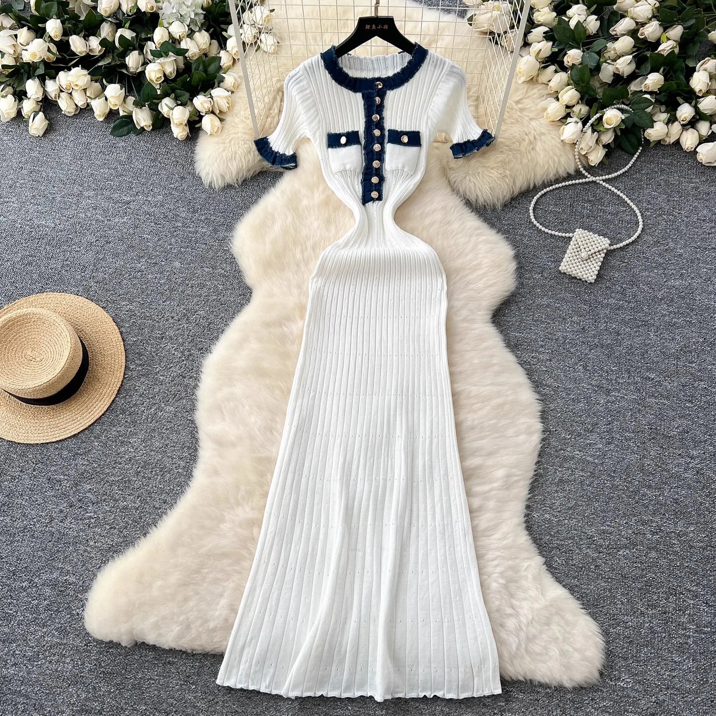 YuooMuoo Chic Mode Sexy Pakete Gestrickte Maxi Kleid Frühling Sommer Vintage Denim Patchwork Lange Pullover Kleid Dame Vestidos