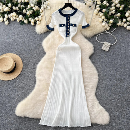 YuooMuoo Chic Mode Sexy Pakete Gestrickte Maxi Kleid Frühling Sommer Vintage Denim Patchwork Lange Pullover Kleid Dame Vestidos