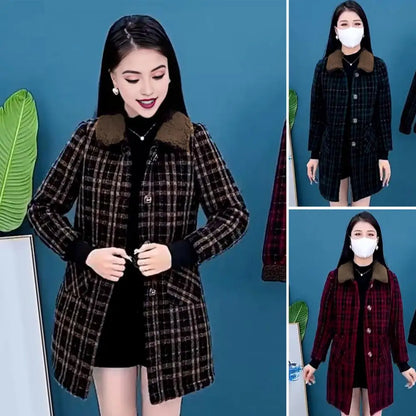 Frauen Plaid Mantel Karierten Winter Mutter Jacke Taschen drehen-unten Kragen einreiher Mid Länge Mantel Mid-aged frauen Mantel.