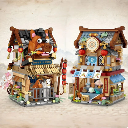 Street View Series Building blocks Izakaya Shaved Ice Shop Takoyaki Shop Coffee shop Panda Tea House model children's gift.