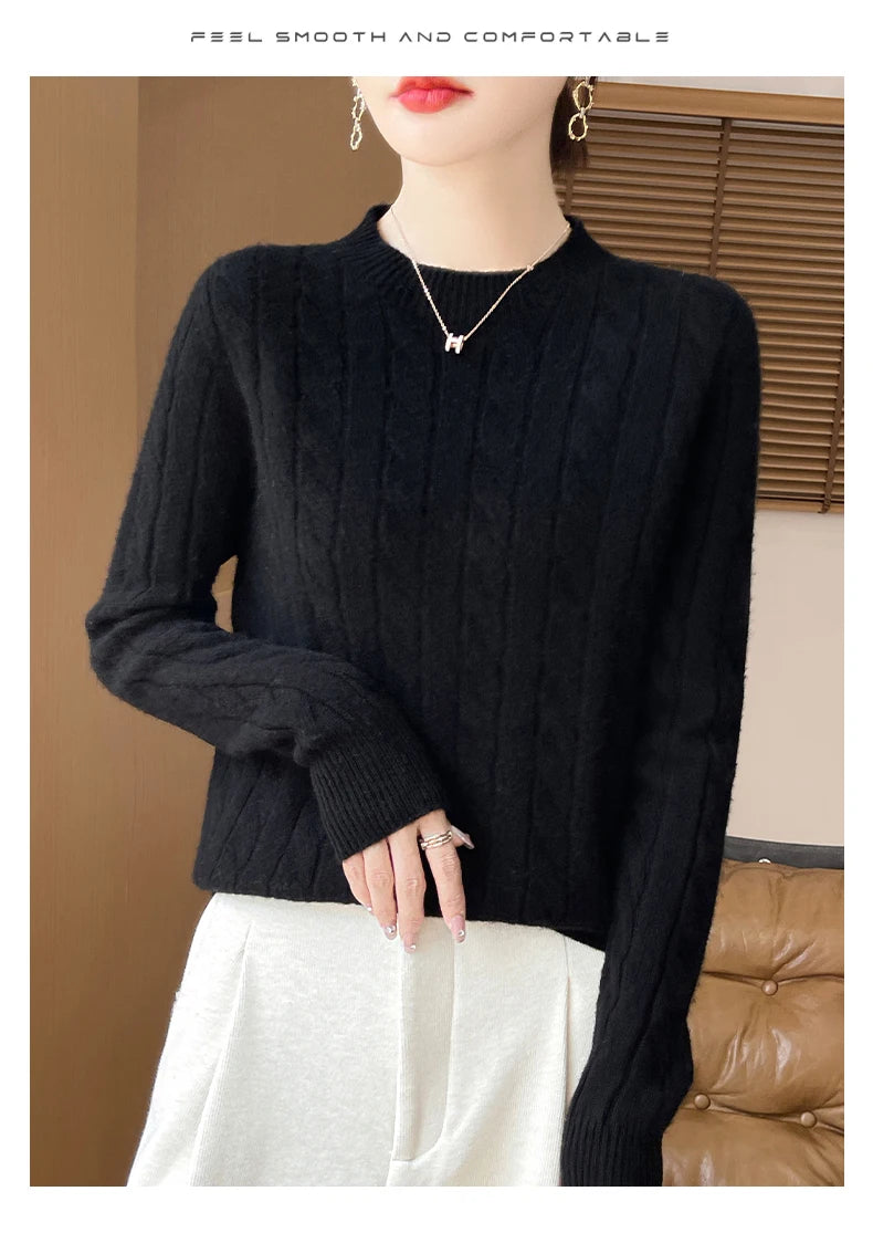 Frauen 100% Merino Wolle Verdickung Pullover Oansatz Gestrickte Twisted Pullover Herbst Winter Kaschmir Langarm Kleidung Basis Tops