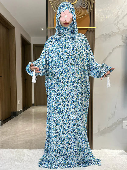 New Ramadan Muslim Two Hats Abaya Dubai Turkey Islam Prayer Clothes Floral Cotton Long Dress Islam Women Dress Kaftan
