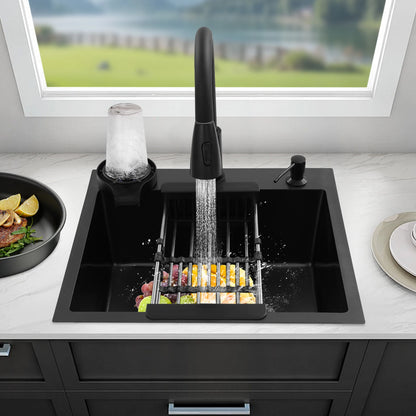 Multifunktionales Küchenspülbecken aus Edelstahl, rechteckiges schwarzes Küchenspülbecken mit ausziehbarem Wasserhahn und 300 ml Seifenspender