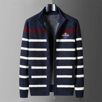 Winter Wool Liner Sweater  Cardigan Man Knit Striped Stand Collar Jacket Outwear Knitted Sweatercoat Men Vintage Clothing.