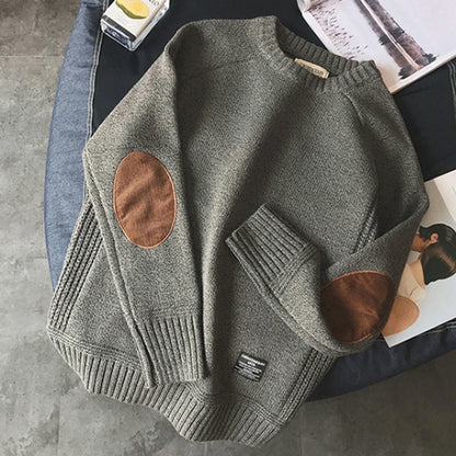 New Men's Pullover with Fashionable Patch Design, Knitted Pullover, Harajuku Street Wear, Thick O-neck Casual Pullover, Wool.