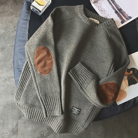 New Men's Pullover with Fashionable Patch Design, Knitted Pullover, Harajuku Street Wear, Thick O-neck Casual Pullover, Wool.
