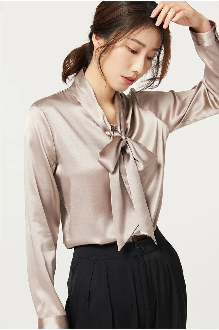 Heavyweight Mulberry Silk Shirt Women's 2025 Spring And Autumn New Long Sleeve Satin Silk Blouse V-neck Bow Ribbon Shirt