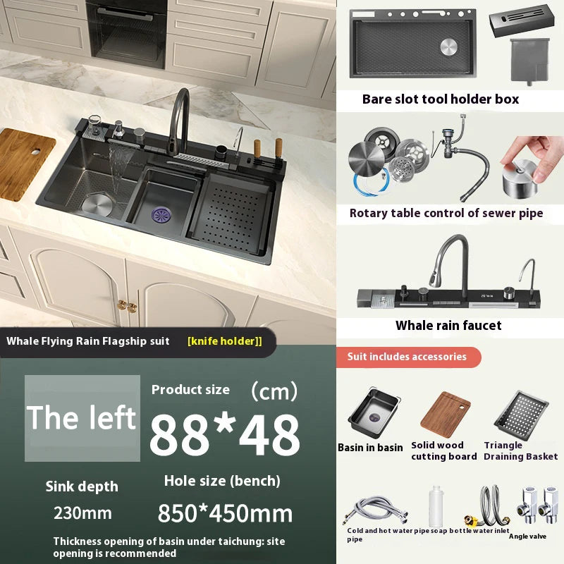 Extra Large Single Bowl Stainless Steel Waterfall Kitchen Sink Digital Display Multifunctional Household Vegetable Washing Sink