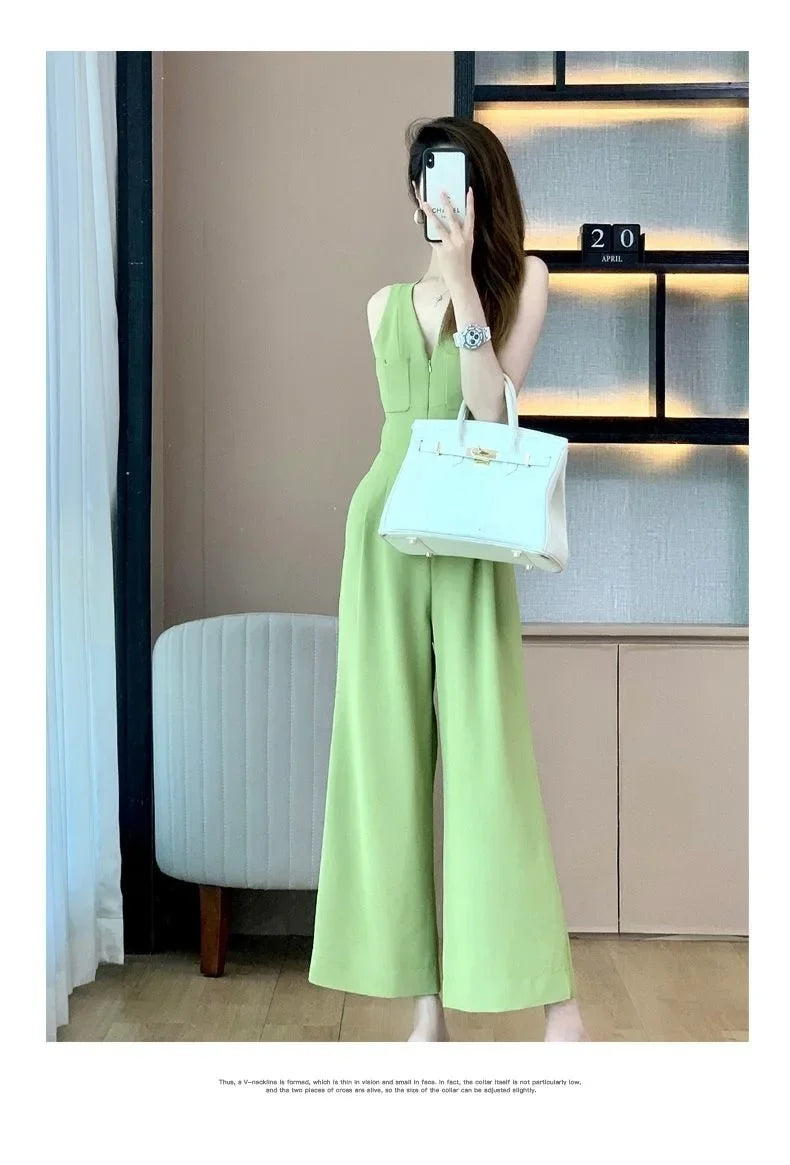 Women's Wide Leg Jumpsuit Pants 2025 Summer New Casual Straight Tube Sports Overalls V-neck Sleeveless Bodysuit For Women Romper.